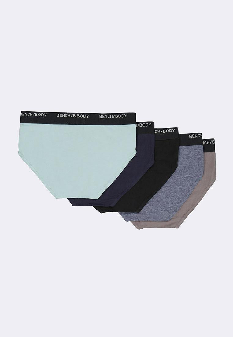 Set of men's underwear in light blue, navy, gray, and black with 'Bench Body' branding on a white background. but showcasing the back of the products layed out flat.