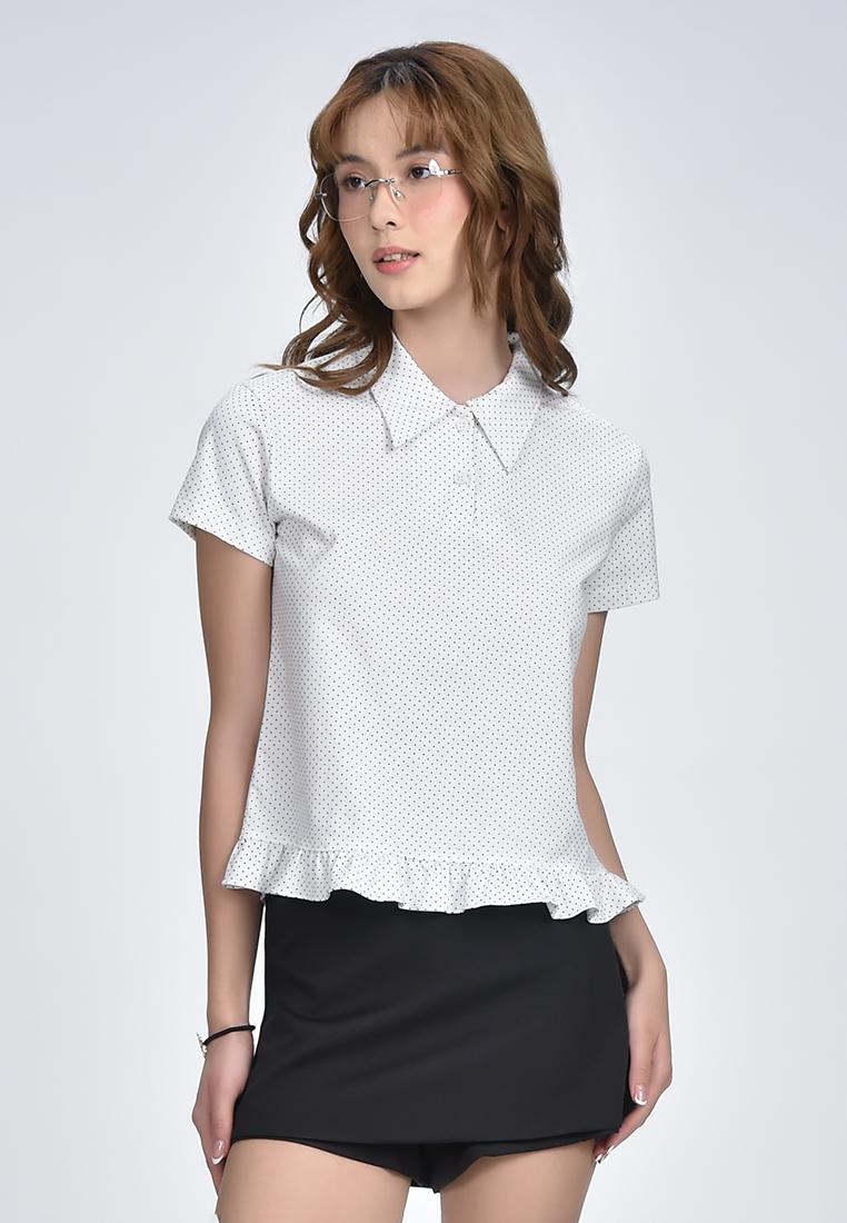 Women's Polka Dot Short Sleeve Collared Top