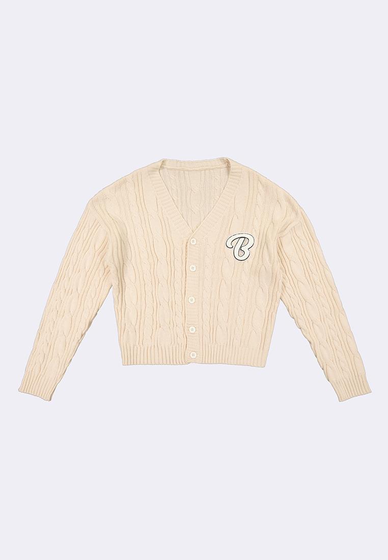 Women's Cable Knit Cardigan with Letter Patch
