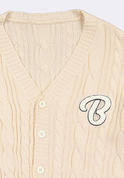 Women's Cable Knit Cardigan with Letter Patch