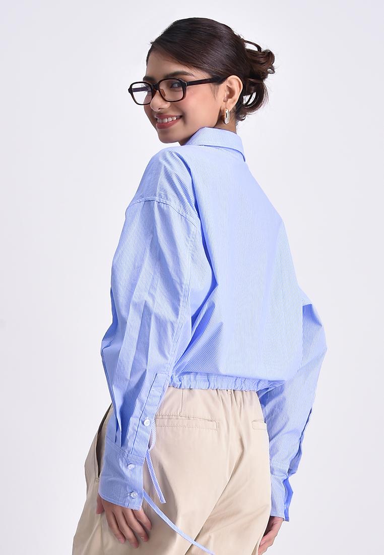 Women's Long Sleeve Pinstripes Drawstring Shirt