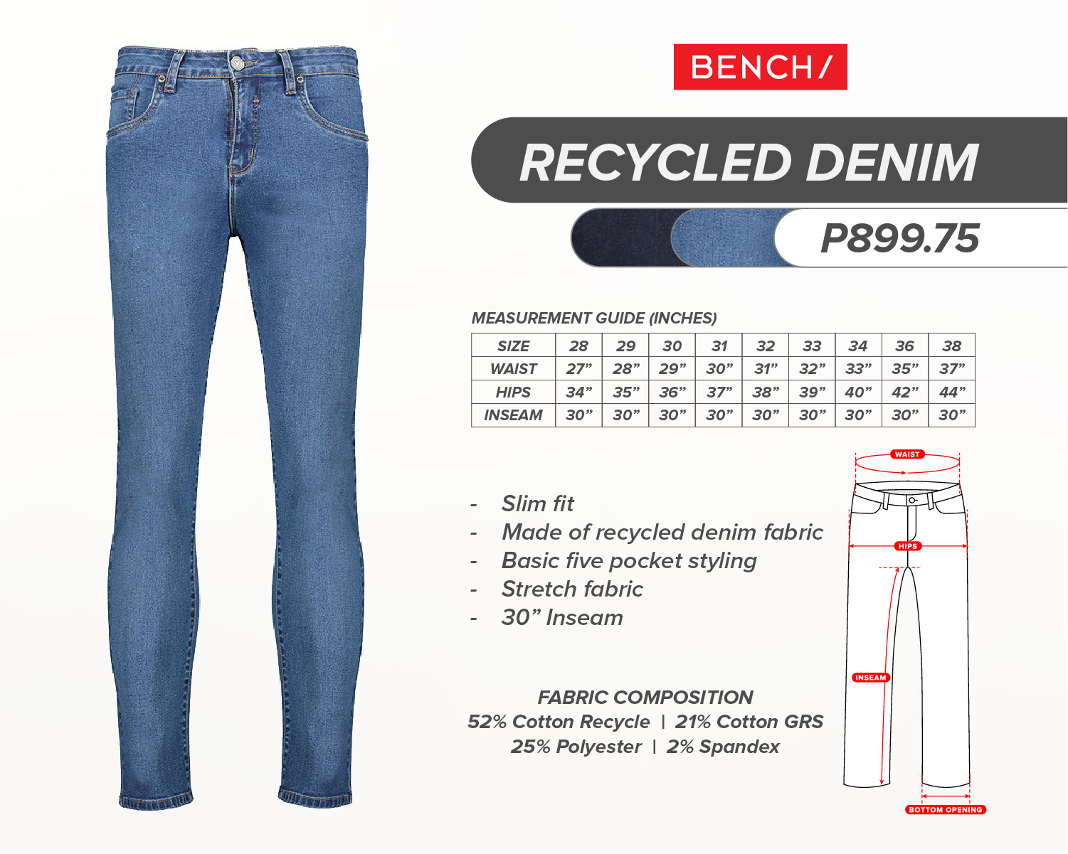 Bench Online | Men's Slim Fit Recycled Denim Skinny Pants
